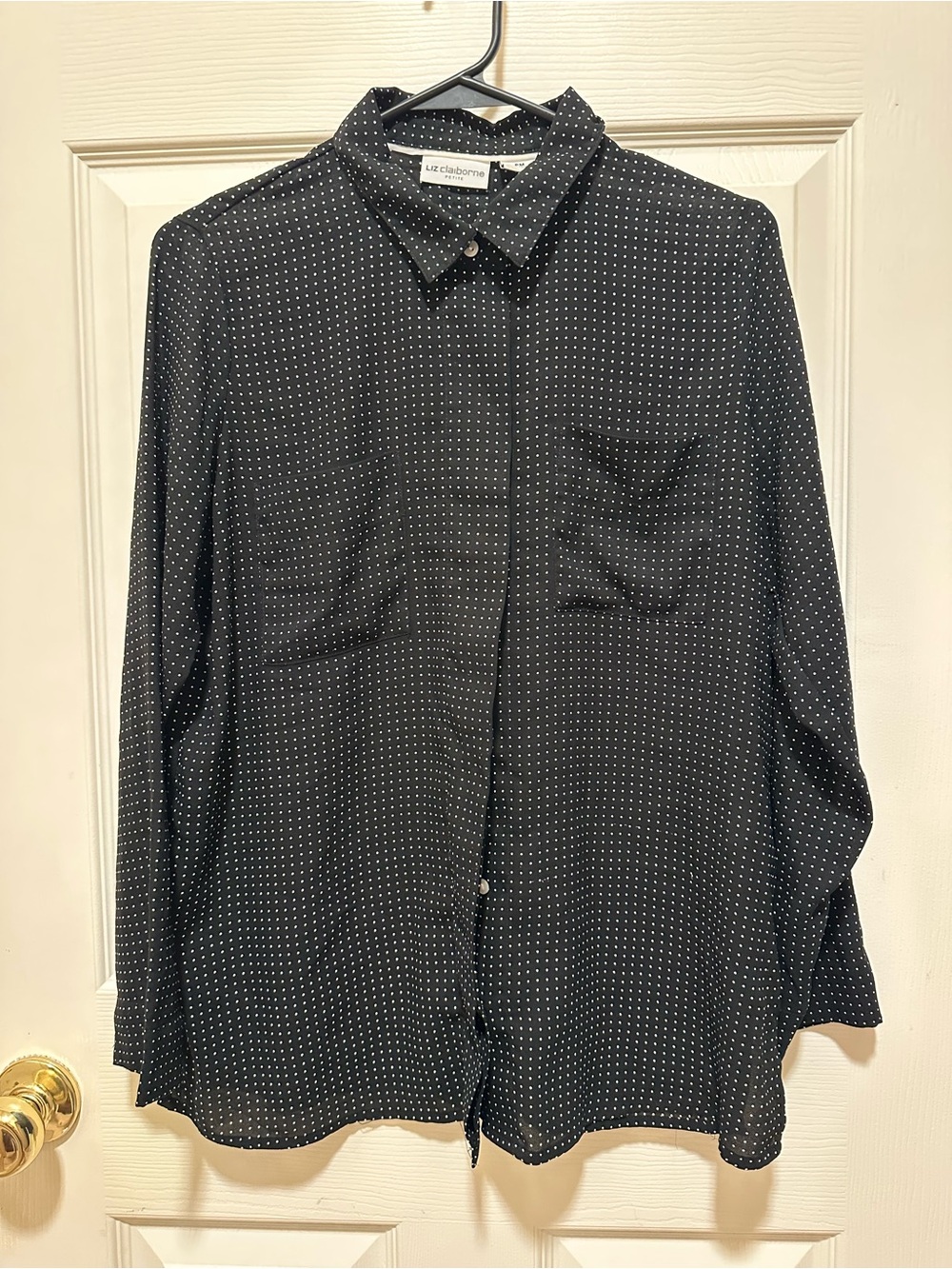 Liz Claiborne Black Button-Down Shirt with White Microdot Pattern